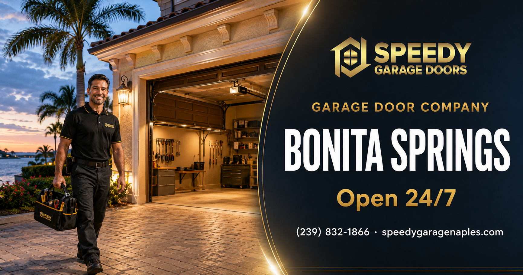 Garage door company technician repairing a garage door in Bonita Springs, Florida - open 24/7